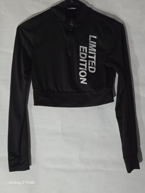 Fashion Nova Black Cropped Quarter-Zip Sweatshirt with White Text
